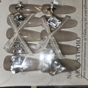 Elegant Beige Press-On Nails with Rhinestones